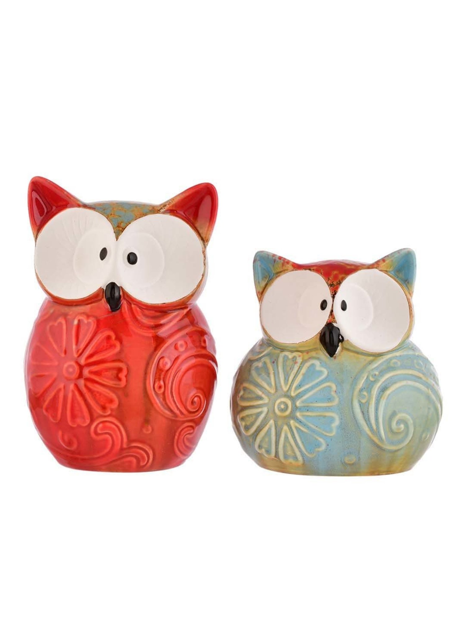 Tayhaa Multicolor Ceramic Enchanted Owl Showpiece - Set of 2