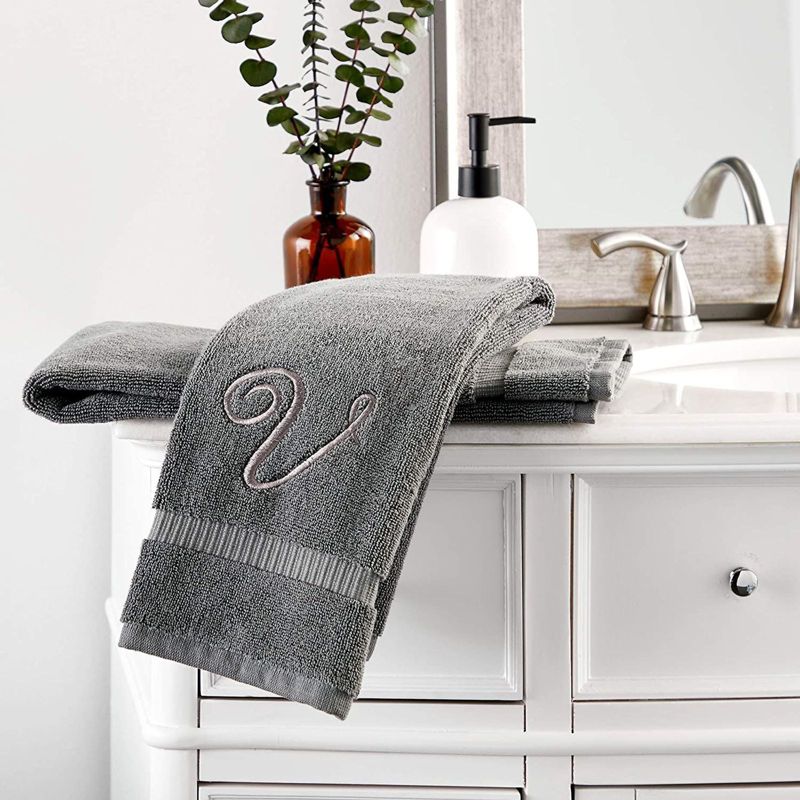 Juvale 2 Pack Monogrammed Hand Towels, Letter V Embroidered Gift (16 x 30 in, Grey)