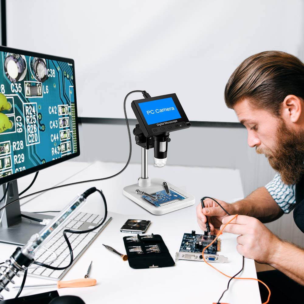 4.3 inch LCD Digital USB Microscope Endoscope Record 1000X Magnification Zoom, 8 Adjustable LED Light, Micro-SD Storage, Camera Video Recorder for Repair Soldering