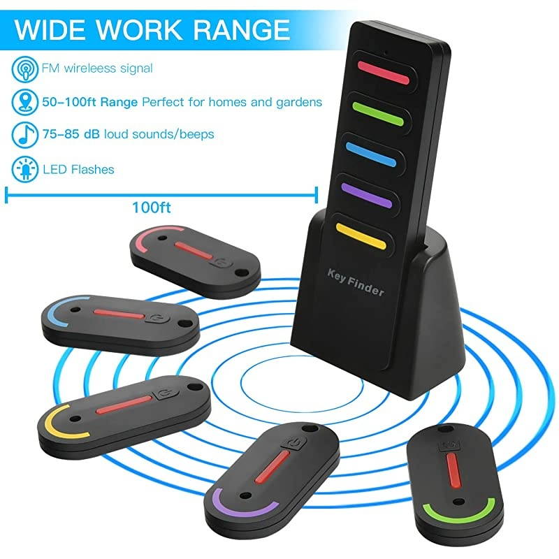 Rechargeable Key Finder  Wireless RF Item Locator Key Tracker with Remote Control Key Locator Item Finder with 1 RF Transmitter and 5 Rechargeable Receivers Keys Pet Wallet Tracker