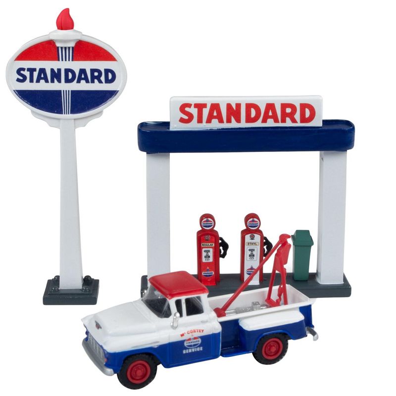 1955 Chevrolet Tow Truck w/Service Station Sign & Gas Pump Island "Standard Oil" 1/87 (HO) Scale by Classic Metal Works