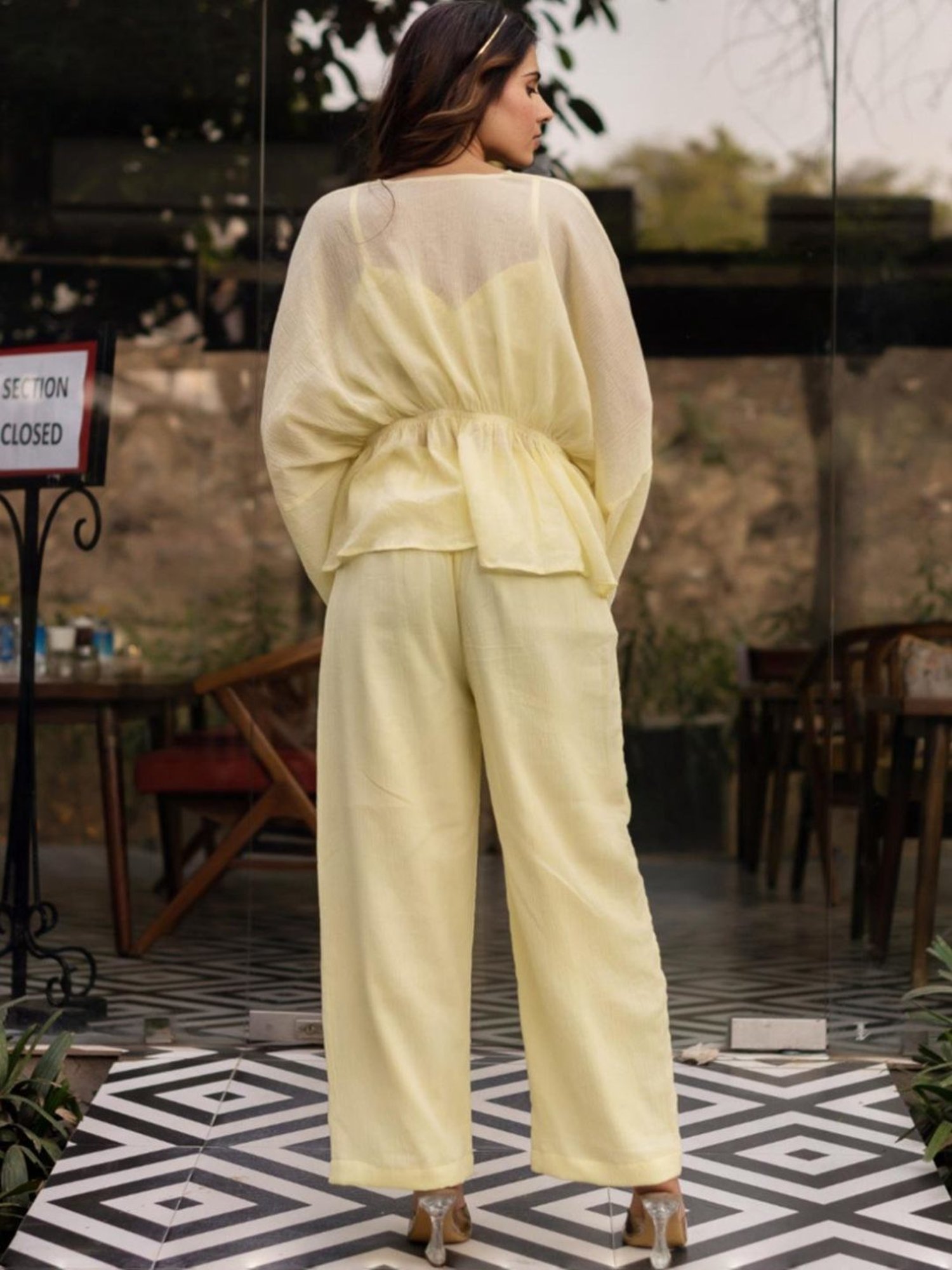 Calmna Lemon Yellow Crinkle Cotton Top with Inner and Pant