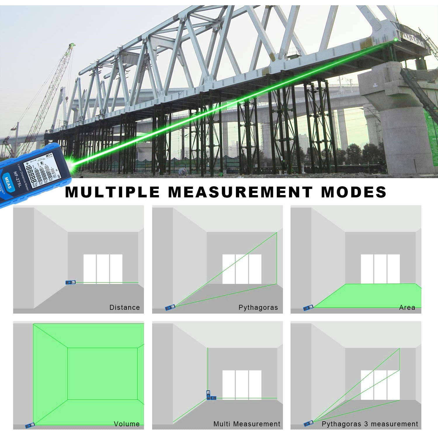 NOYAFA NF-275L Green Laser Beam Laser Distance Meter Indoor Outdoor Rechargeable Handheld Laser Range Finder Electric Distance Measuring Instrument Length/Area/Volume/Level/Vertical/Pythagorea