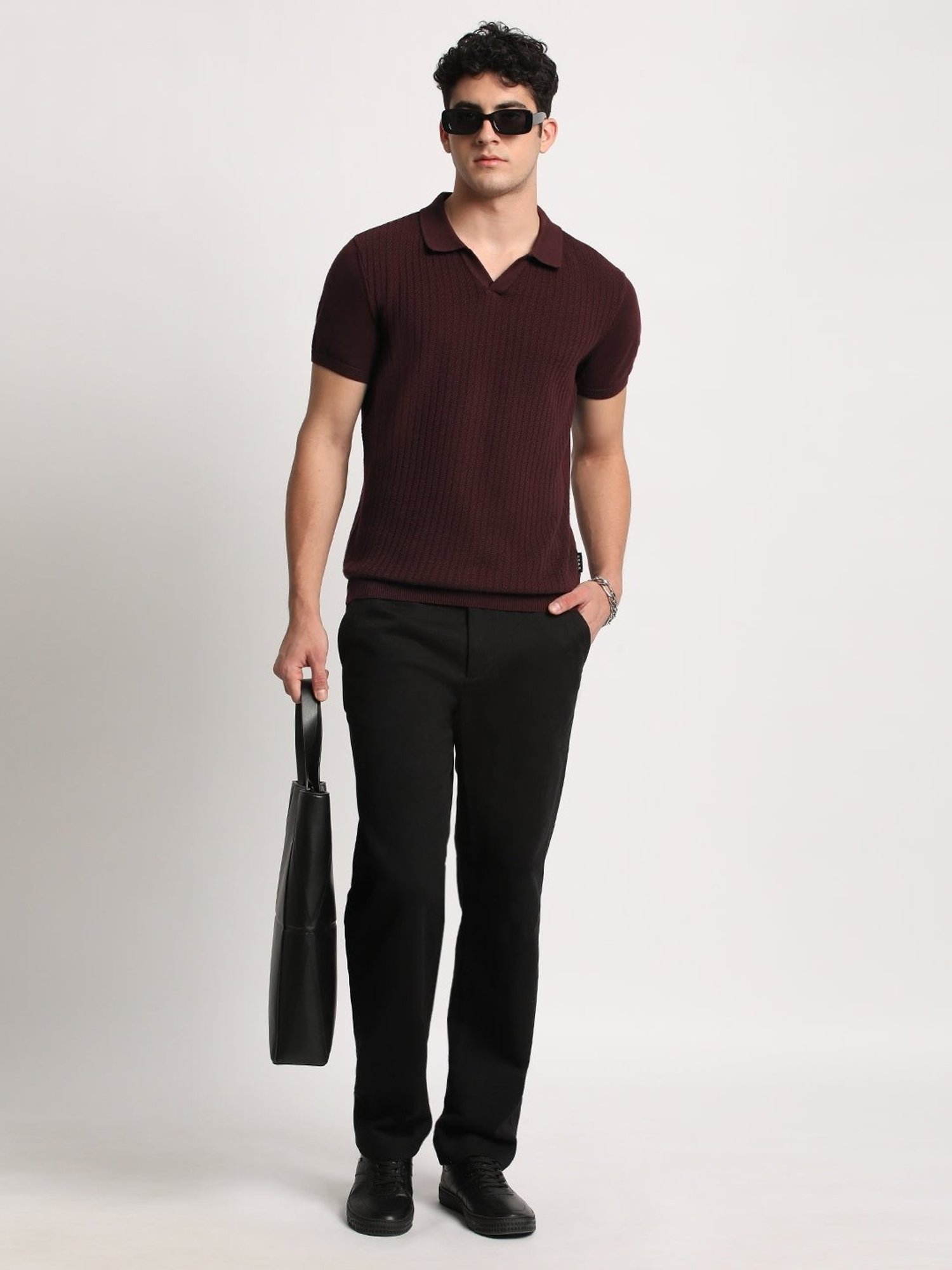 The Bear House Maroon Cotton Regular Fit Self Pattern Polo T-Shirt