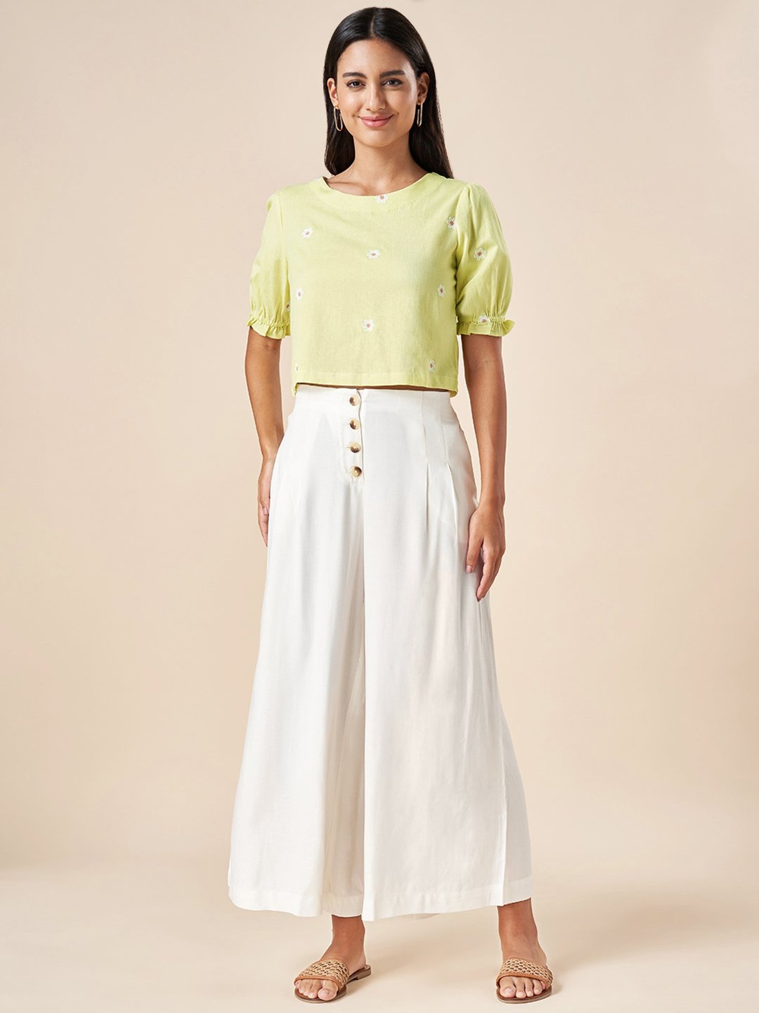 Akkriti by Pantaloons Lime Green Cotton Embroidered Crop Top