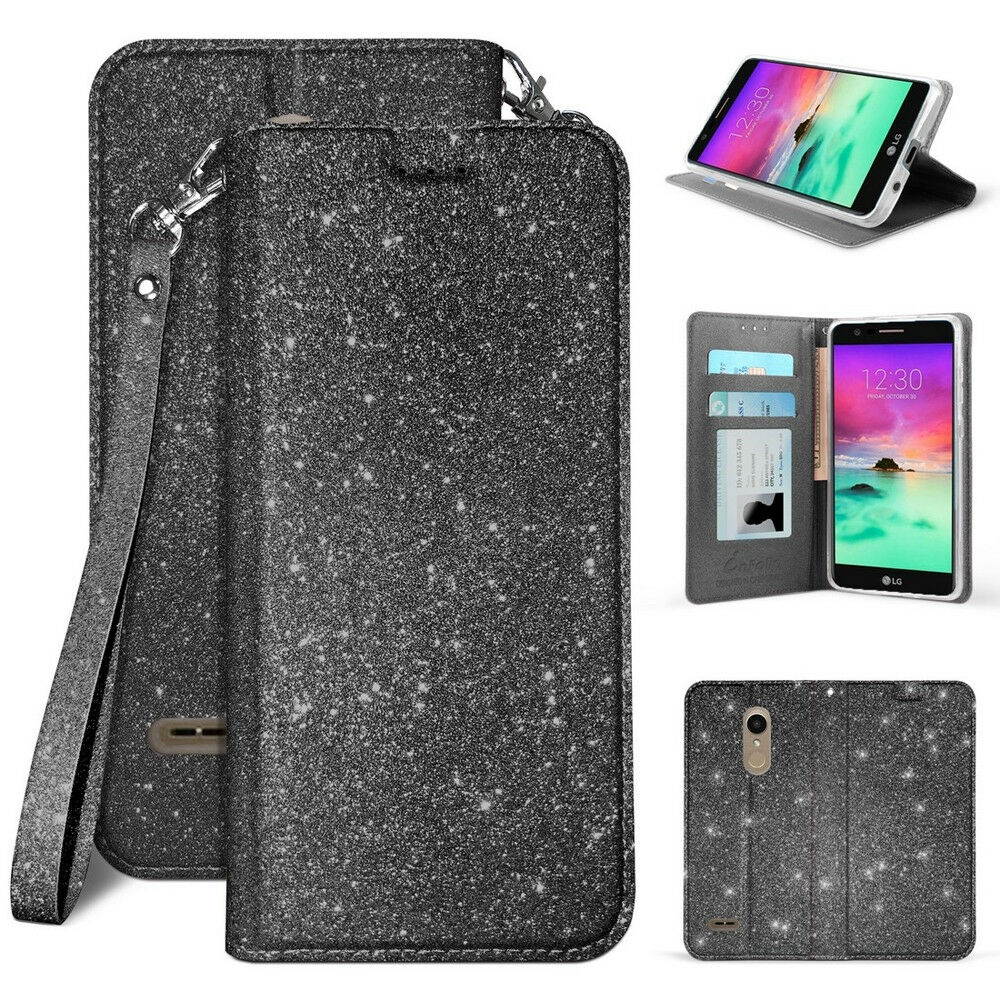 For LG K10 2018 Case Glitter Bling PU Leather Wallet Flip Cover +Tempered Glass