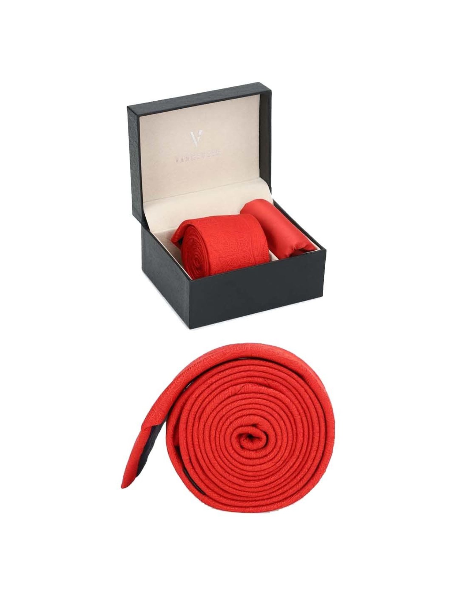 Van Heusen Red Printed Tie with Pocket Square