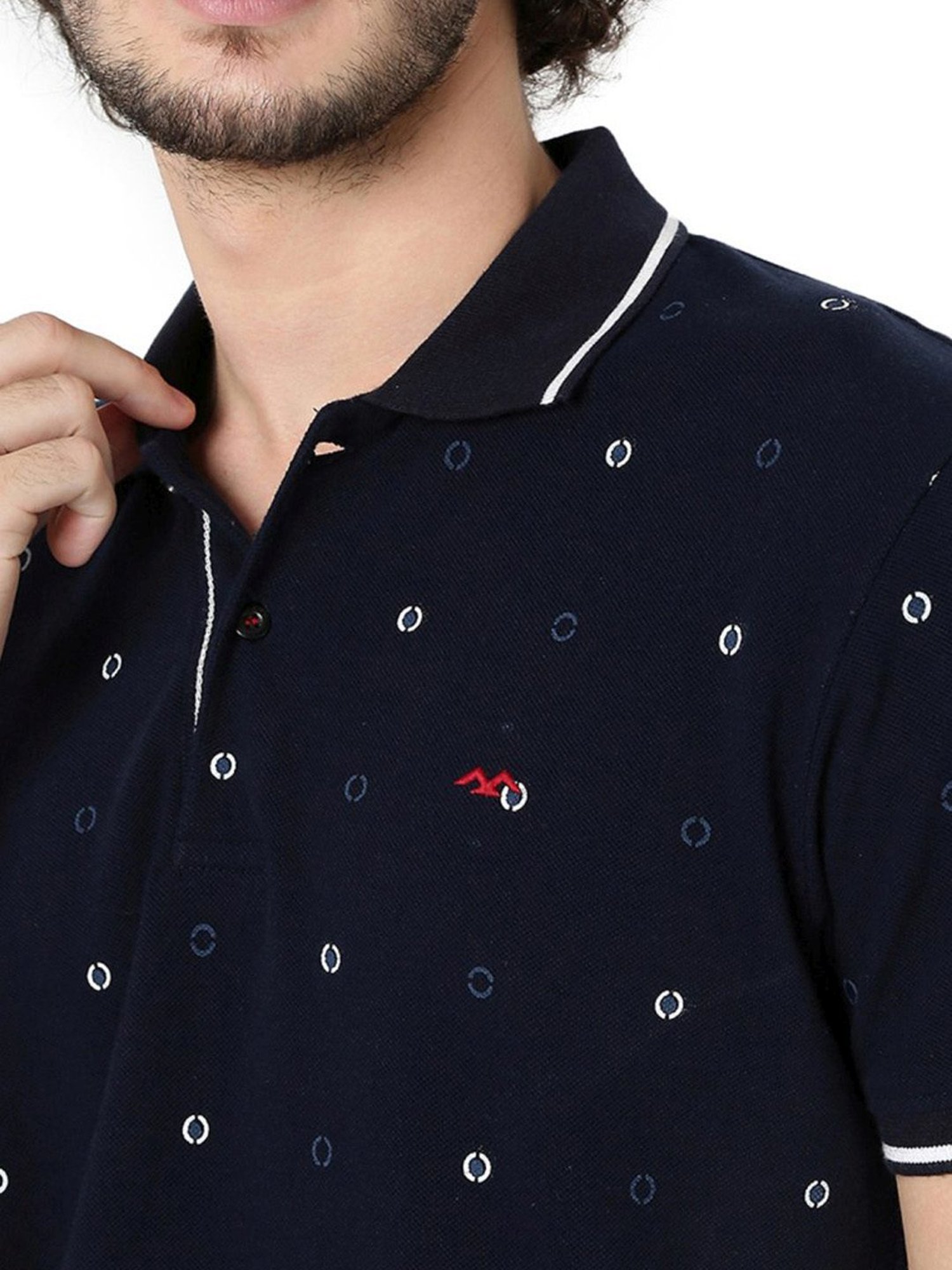 Mufti Blue Cotton Slim Fit Printed Polo T-Shirt