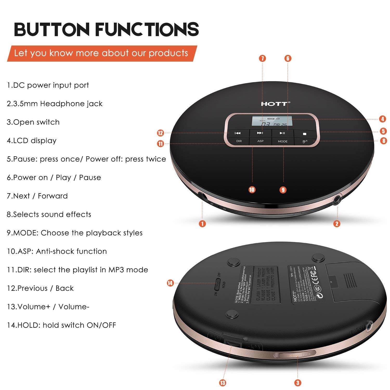 Portable CD Player HOTT Personal Compact Disc Player LCD Display with Stereo Earbuds Electronic Skip Protection Anti-Shock Function Black