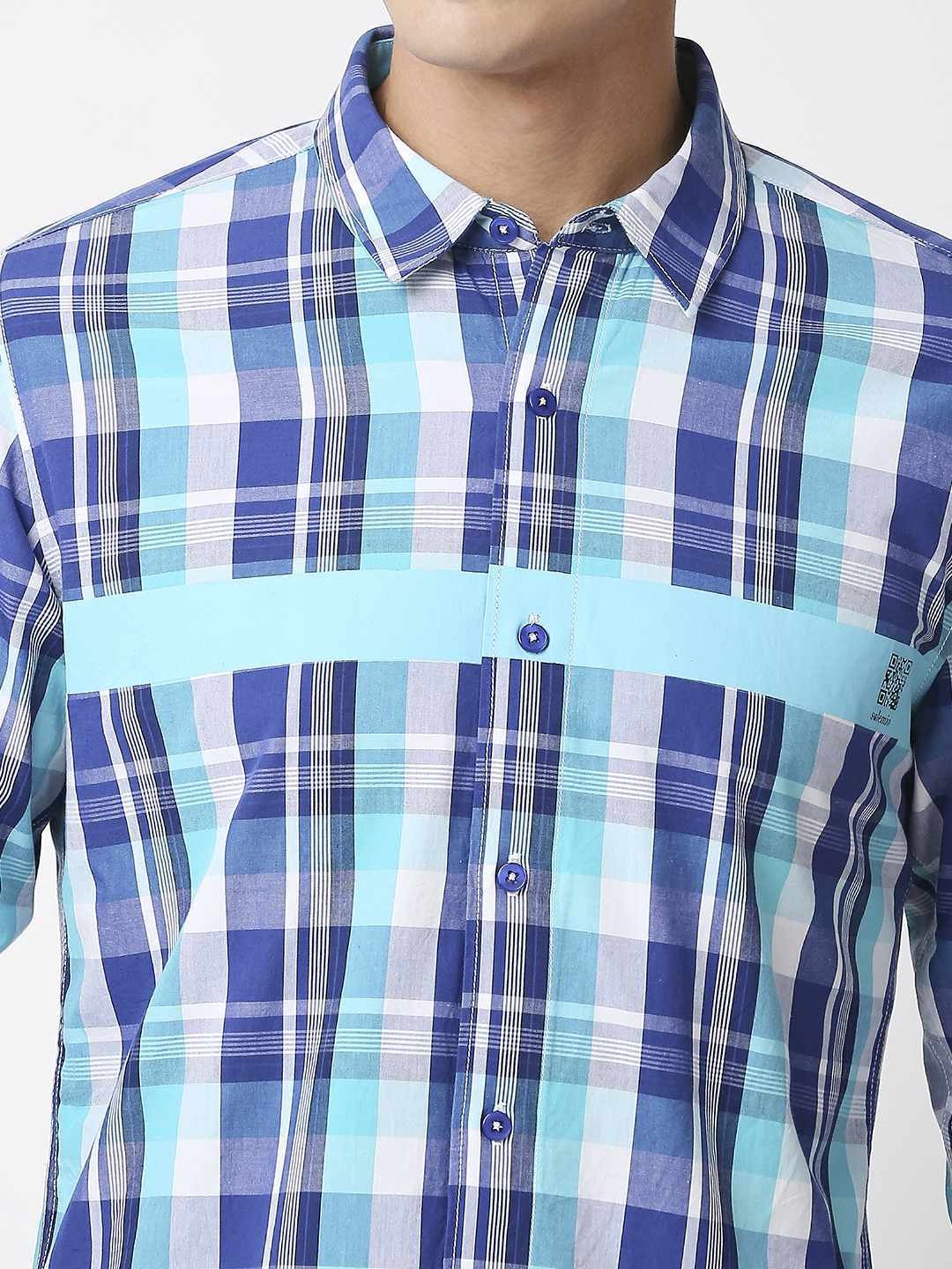 SOLEMIO Navy Cotton Slim Fit Checks Shirt