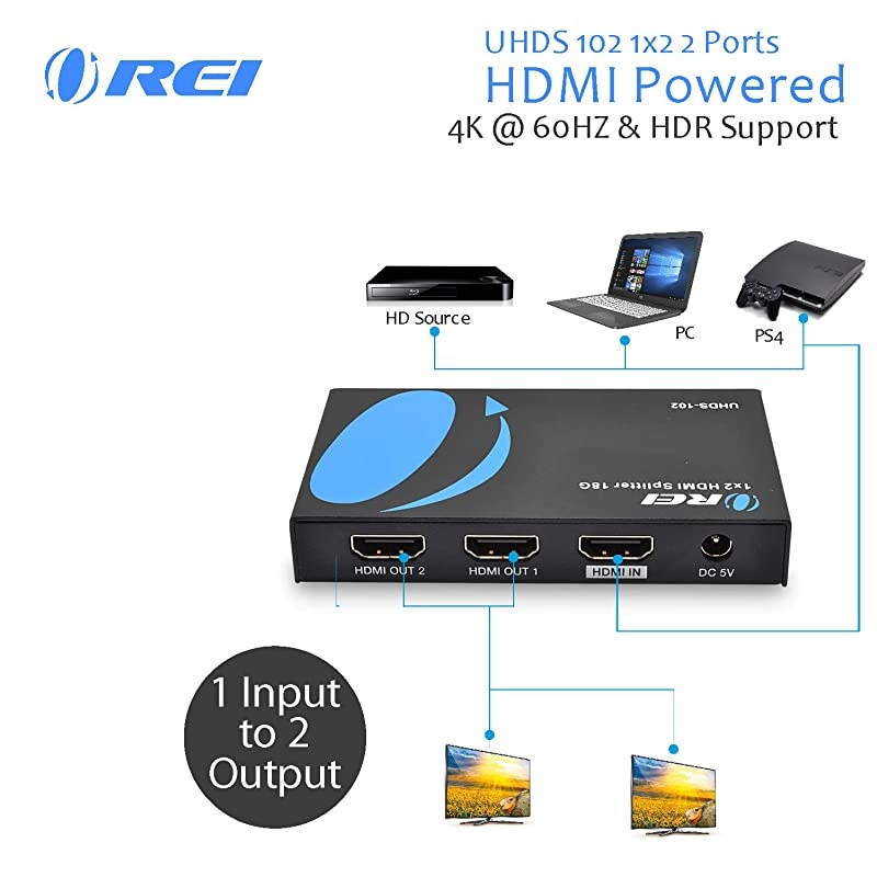 4K 1x2 2.0 HDMI Splitter by , 2 Ports with Full UltraHD 4:4:4 HDR, HDR10, Dolby Vision, HDCP 2.2, 4K at 60Hz, EDID Support