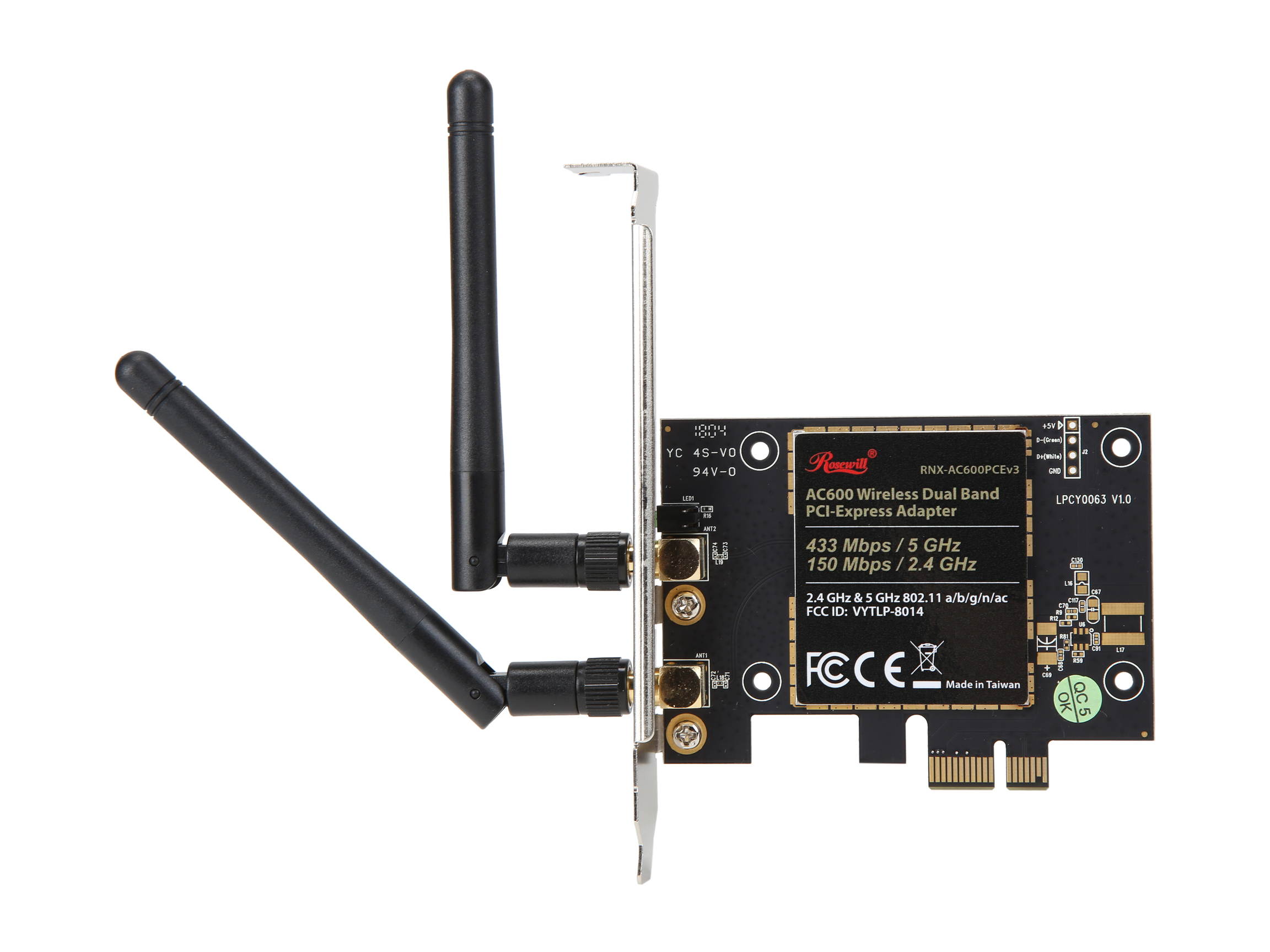 Rosewill Wi-Fi Adapter / Wireless AC600 Adapter / PCI Express Network Card, Dual Band Wireless 11AC Wi-Fi Card / Adapter, Up to 433 Mbps (5.0 GHz) + 150 Mbps (2.4 GHz) - RNX-AC600PCEv3