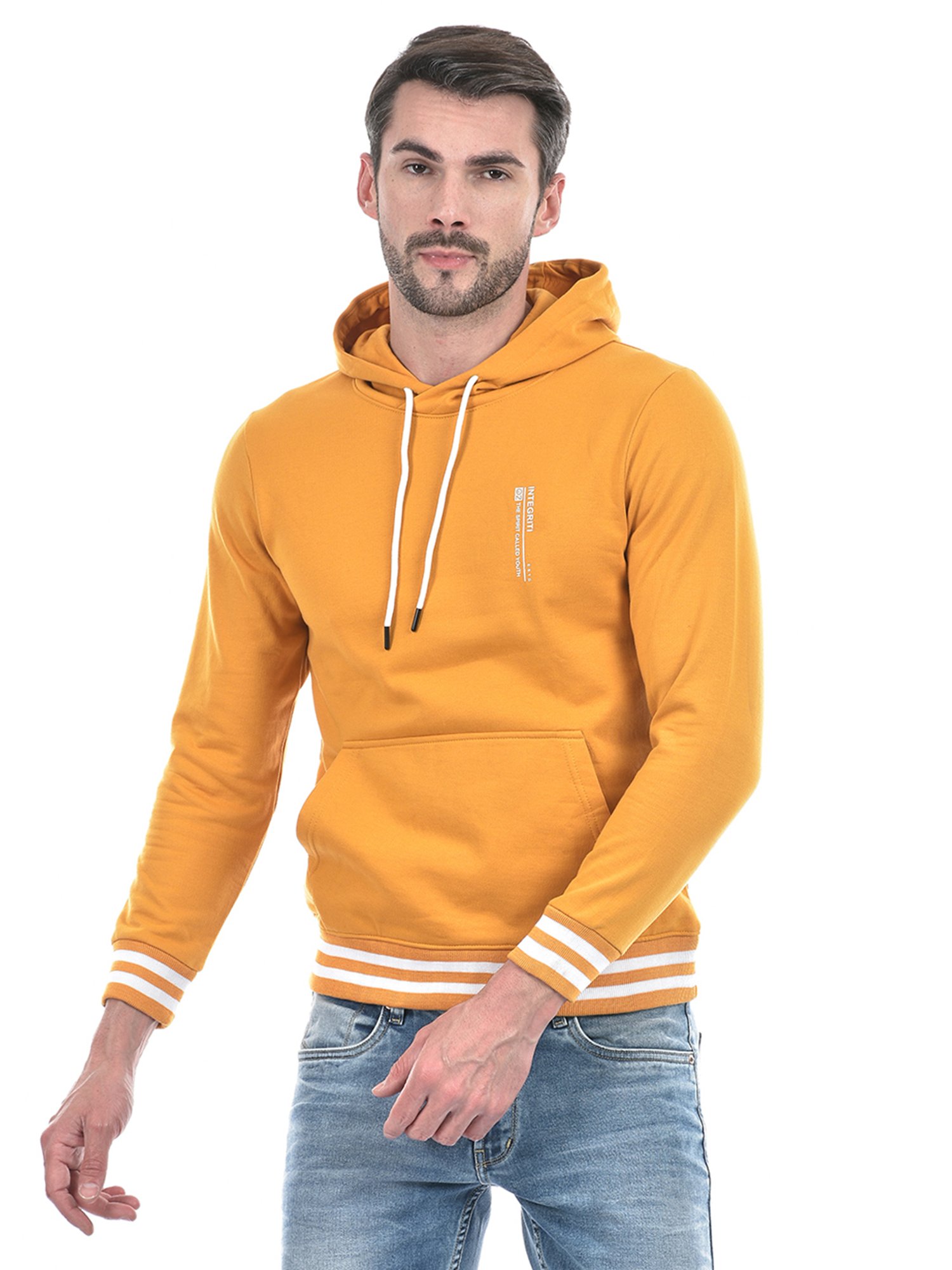 Integriti Mustard Regular Fit Striped Hooded Sweatshirt