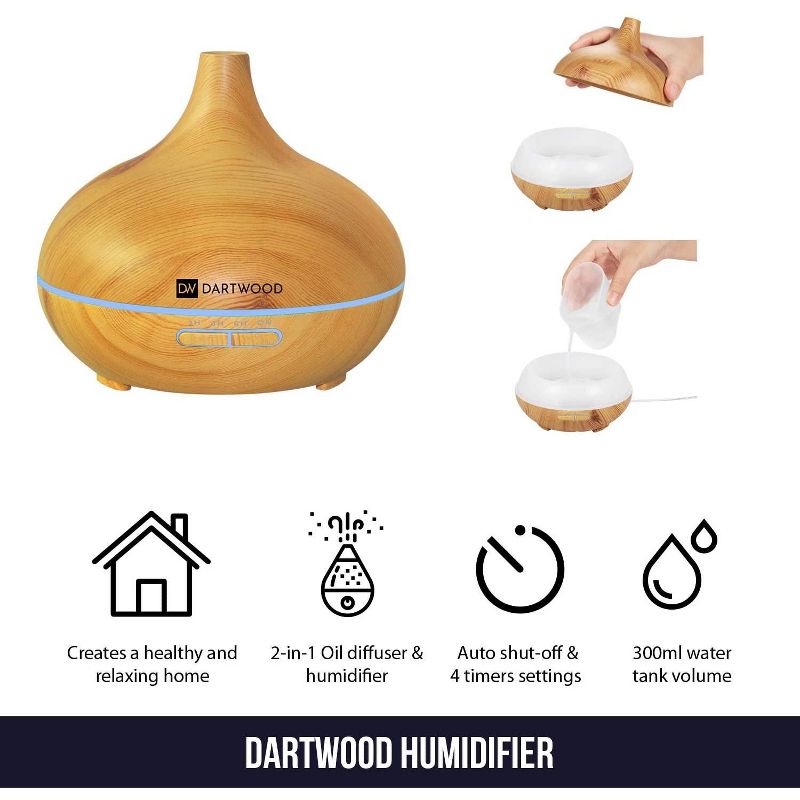 Dartwood Premium Ultrasonic Aroma Diffuser and Humidifier - Essential Oil and Mist Vaporizer with 7 LED Lighting Modes & 4 Timers (300ml)