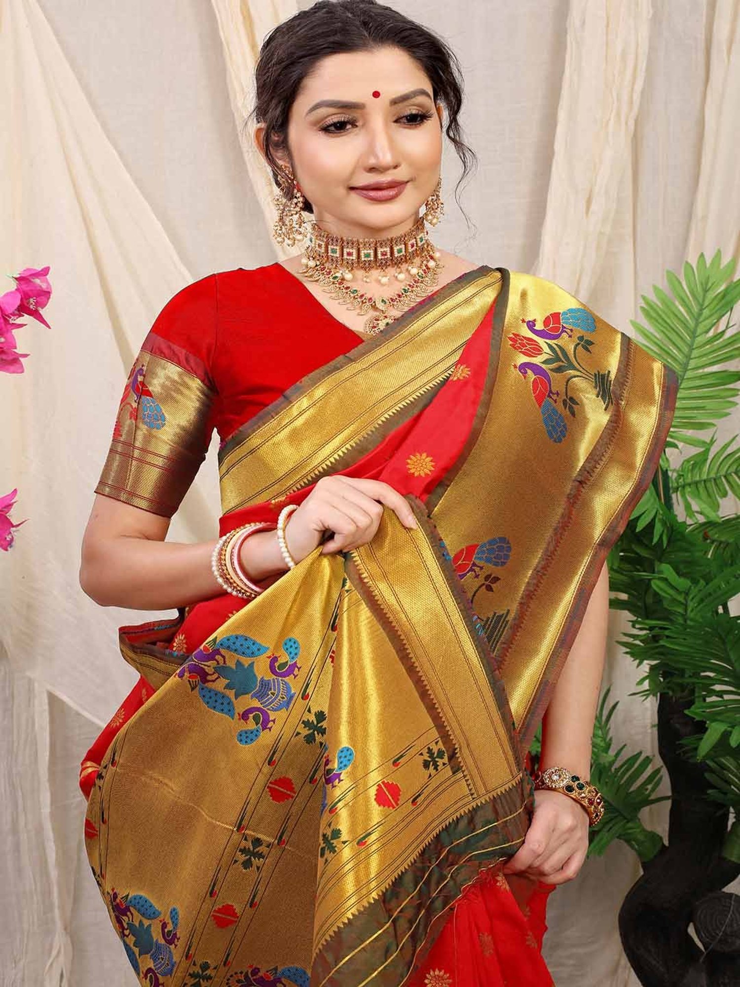 SHUBHKALA Red Silk Woven Saree With Unstitched Blouse