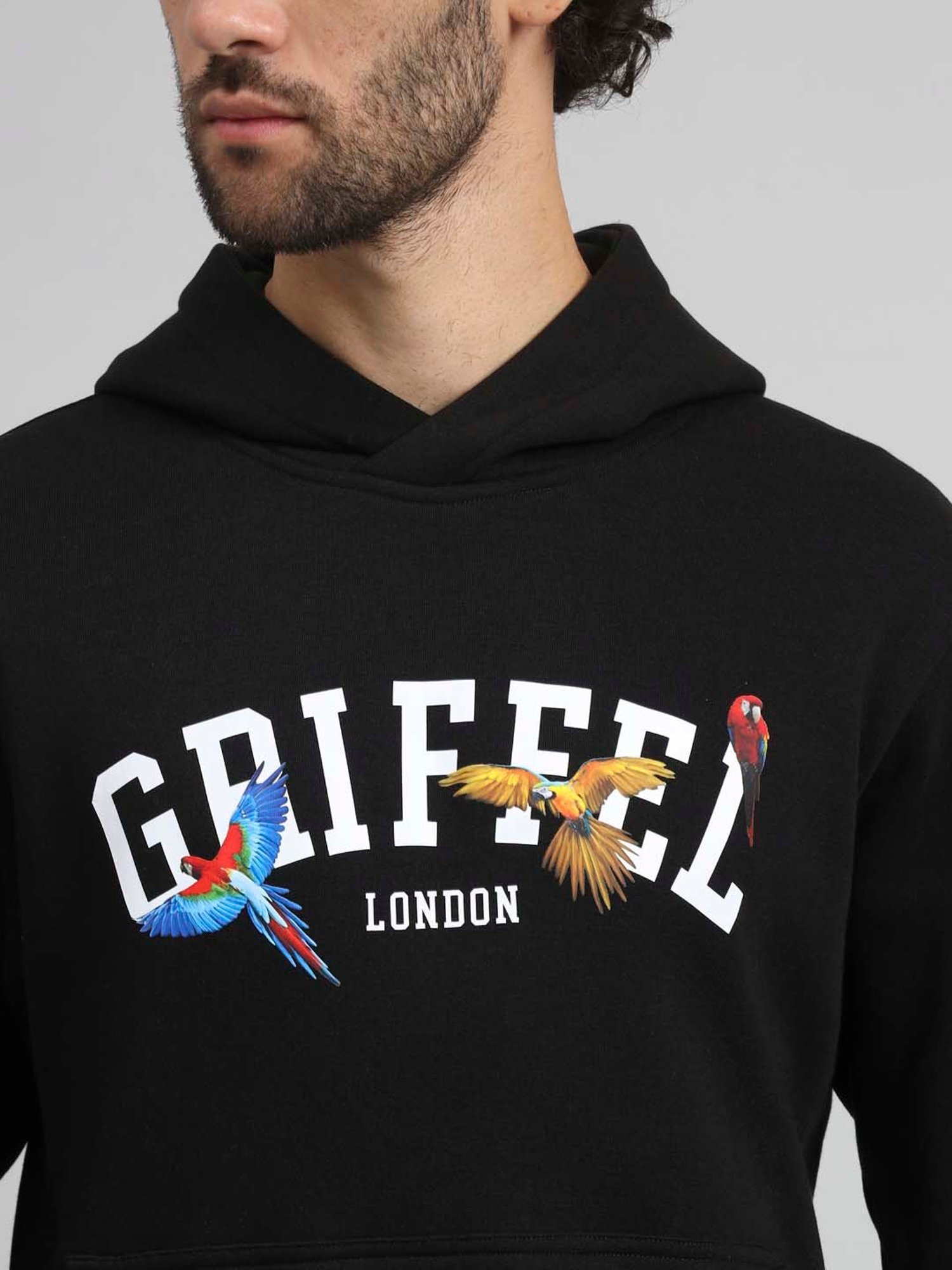 GRIFFEL Black Regular Fit Printed Hooded Sweatshirt & Trackpants Set