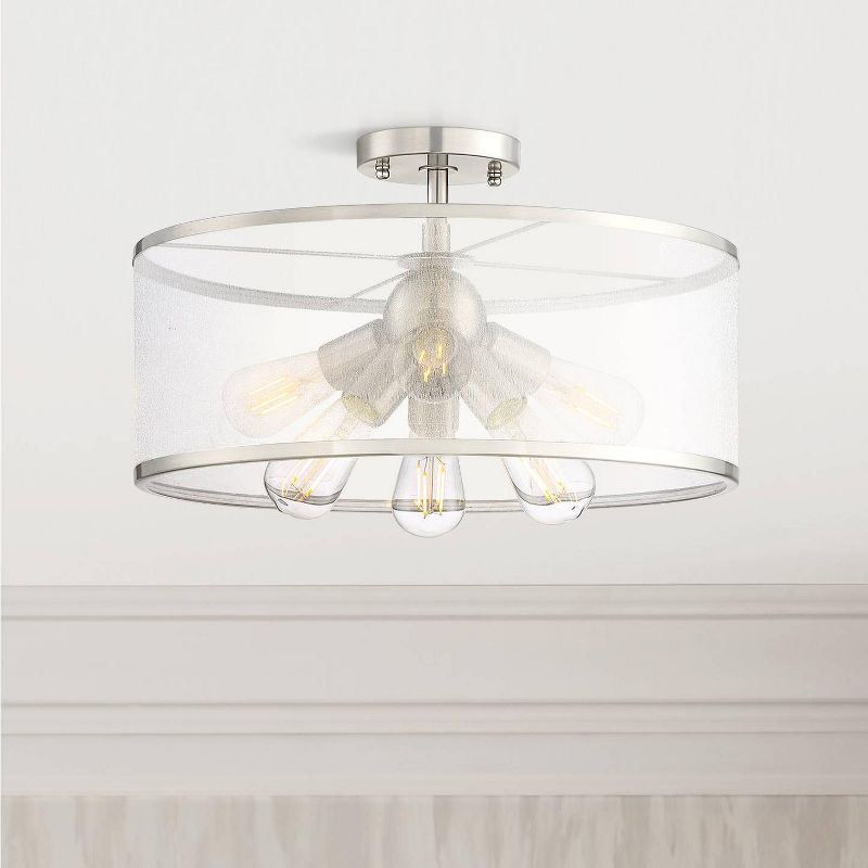 Possini Euro Design Modern Ceiling Light Semi Flush Mount Fixture LED Brushed Nickel 18" Wide 6-Light Organza Sheer for Bedroom