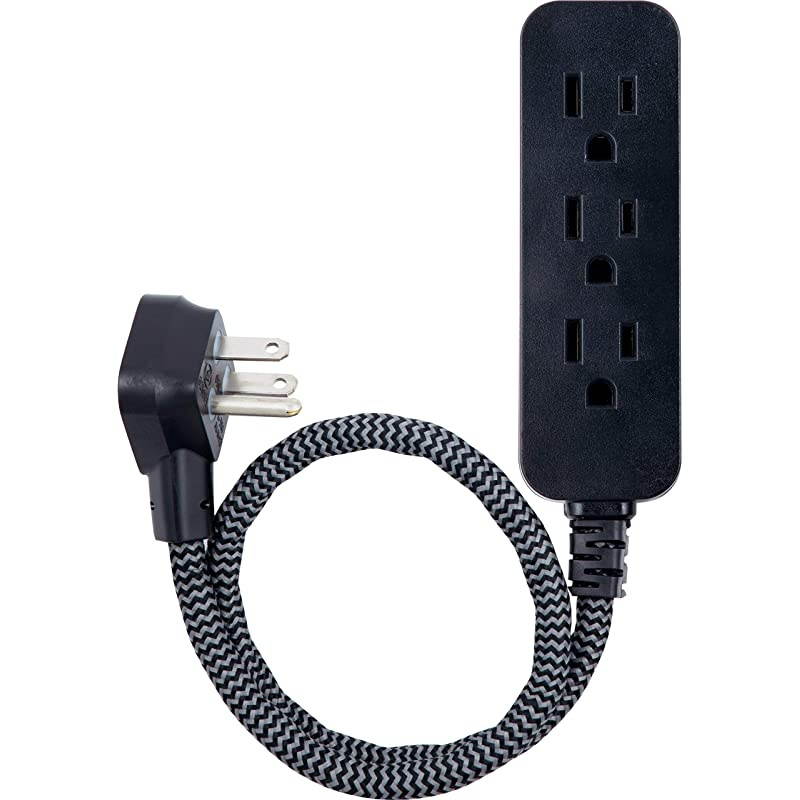Black Designer Power Strip 6 Inch Braided Extension 3 Grounded Outlets Flat Plug Mini Cord Premium 45191