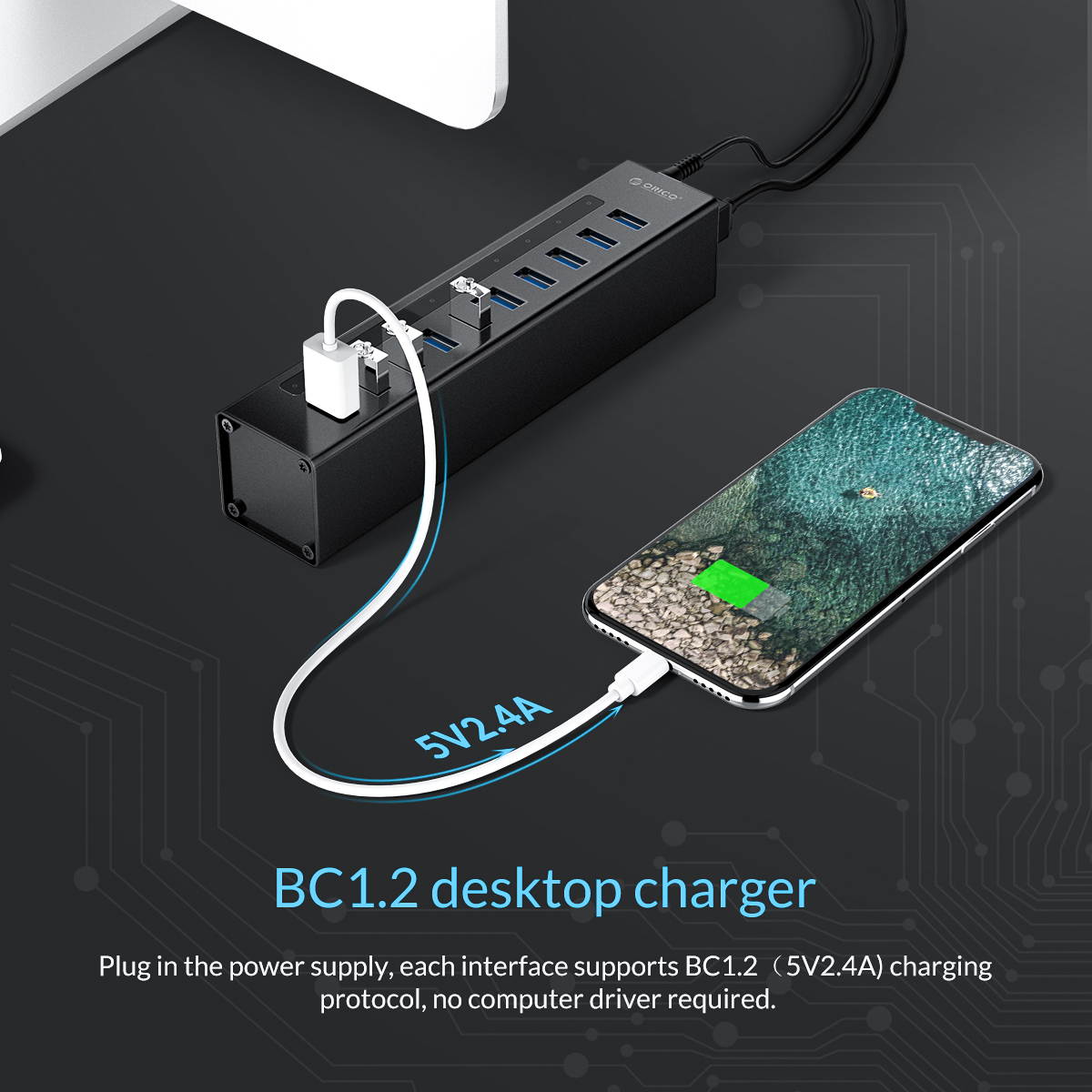 ORICO Aluminum 10Ports USB 3.0 HUB with 3.3Ft. USB 3.0 Data Cable and 12V/3A Power Supply for Macbook,PC,Laptops (HUB is not a Charger,Data transfer Only)- Silver (A3H10-V1-US)