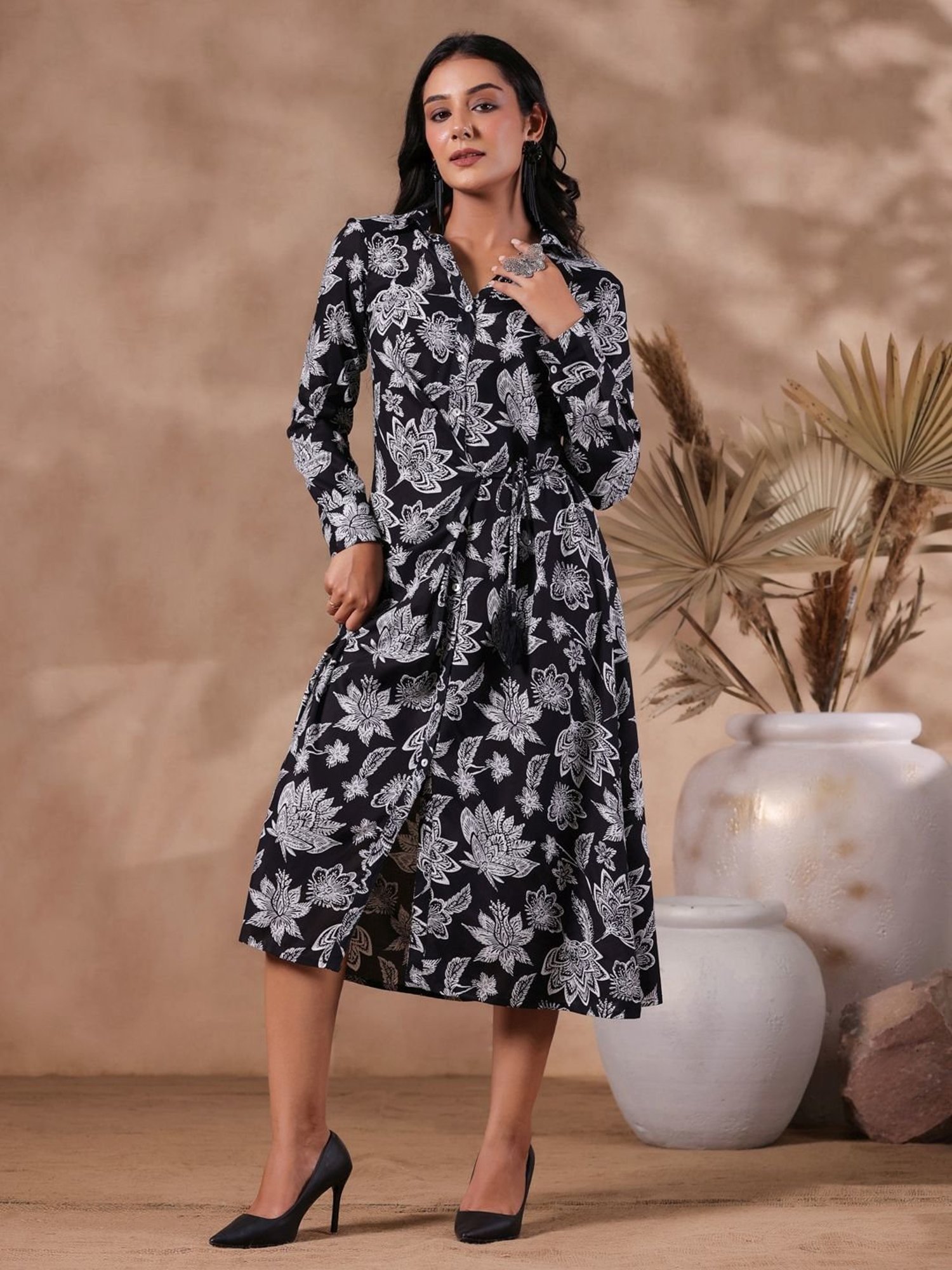 Ishin Black Floral Print Shirt Dress