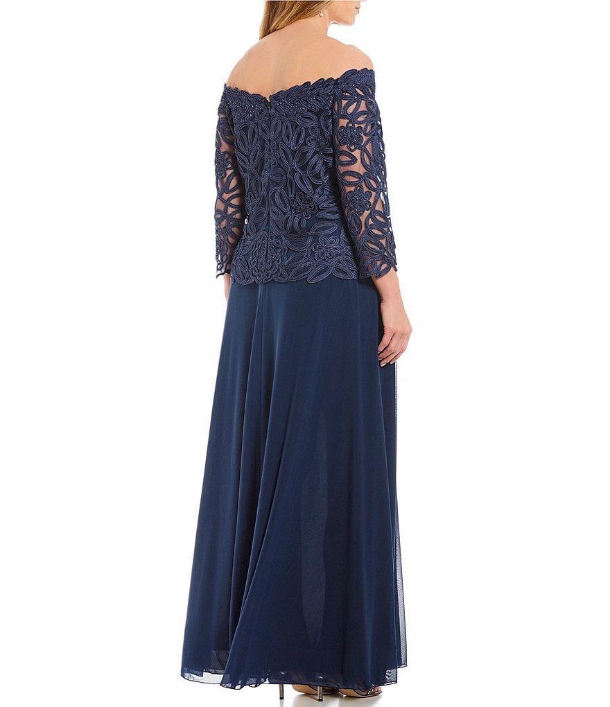 Soulmates Plus Size Off-the-Shoulder 3/4 Sleeve Beaded Bodice Lace Gown