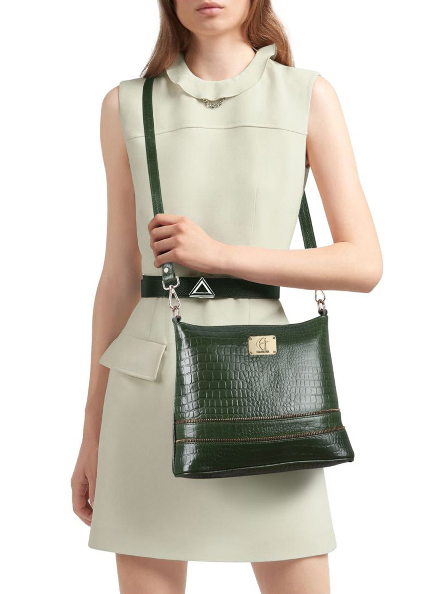 HiLEDER Green Textured Medium Sling Handbag
