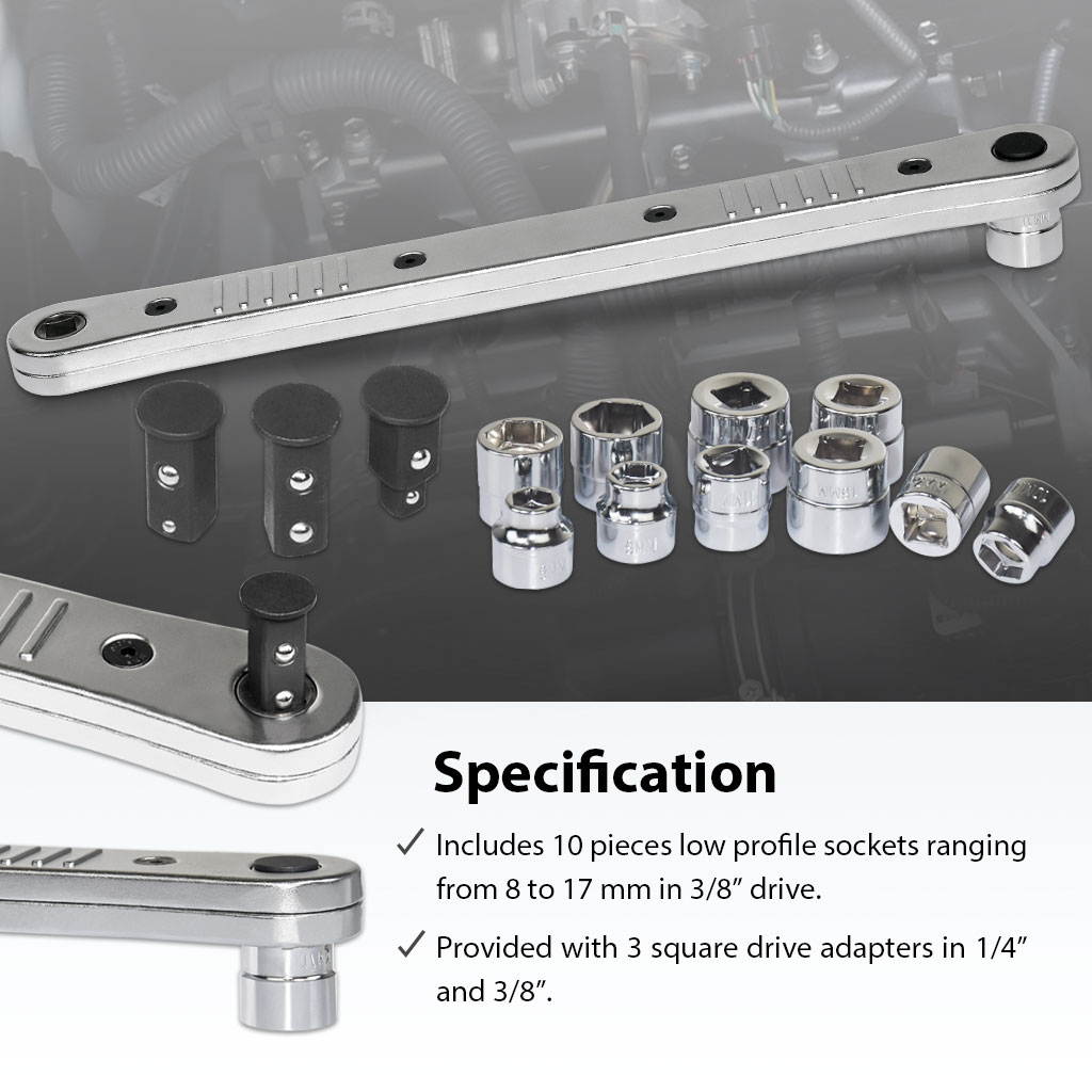 FIRSTINFO Impact Ready Offset Extension Wrench and Low Profile Socket Set, Includes 1/4 Inch and 3/8 Inch Square Drive Adapters and 8mm to 17mm Sockets with 0 Degree Swing Arc for Confined Fasteners