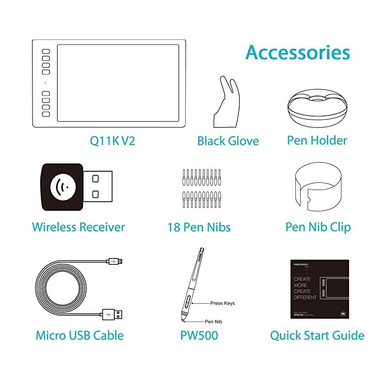 Inspiroy Q11K V2 Graphic Drawing Tablet Tilt Function Battery-Free Stylus 8192 Pen Pressure with Artist Glove and 18 Pen Nibs