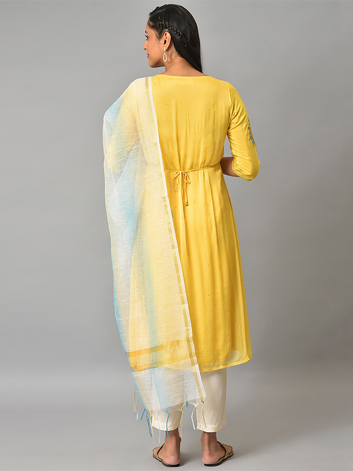 Aurelia Women Yellow Floral Print Viscose Blend Kurta Set with Trousers & Dupatta