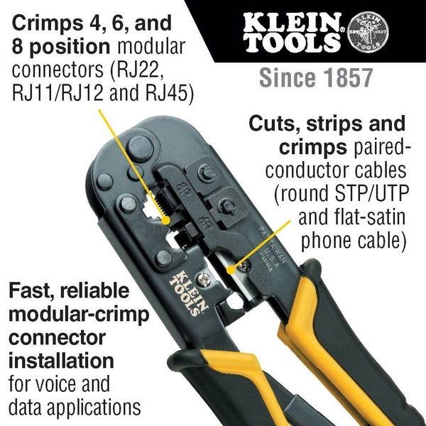 KLEIN TOOLS VDV226-817 7 1/2 in Crimper and Connector Kit Ethernet, RJ45