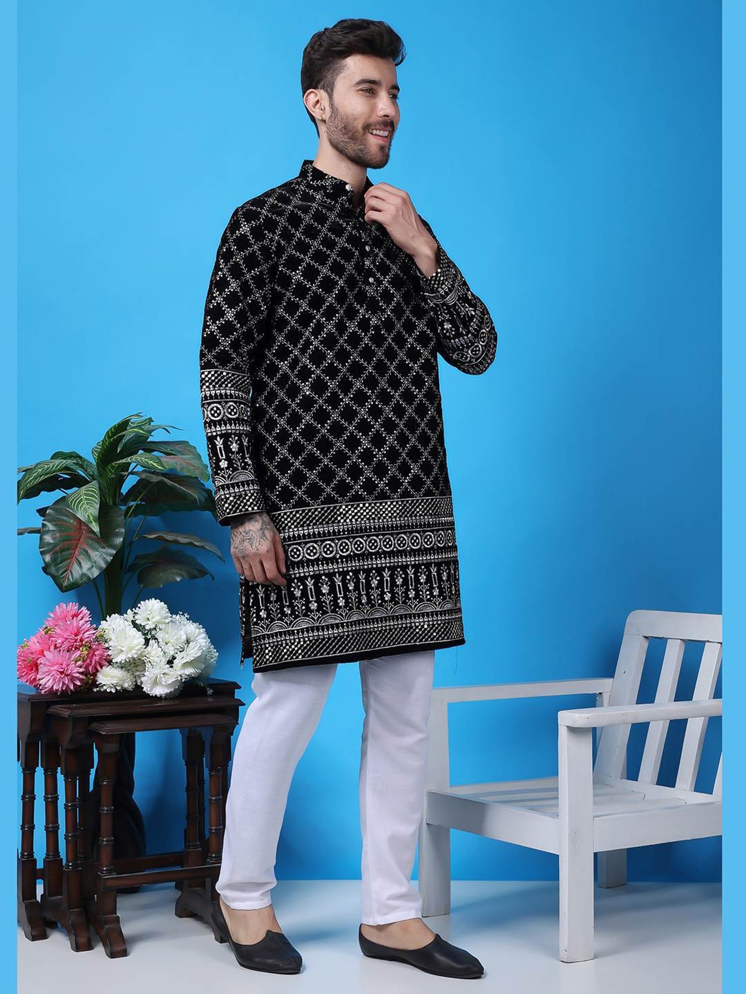 Hangup Black & White Regular Fit Embellished Kurta Bottom Set