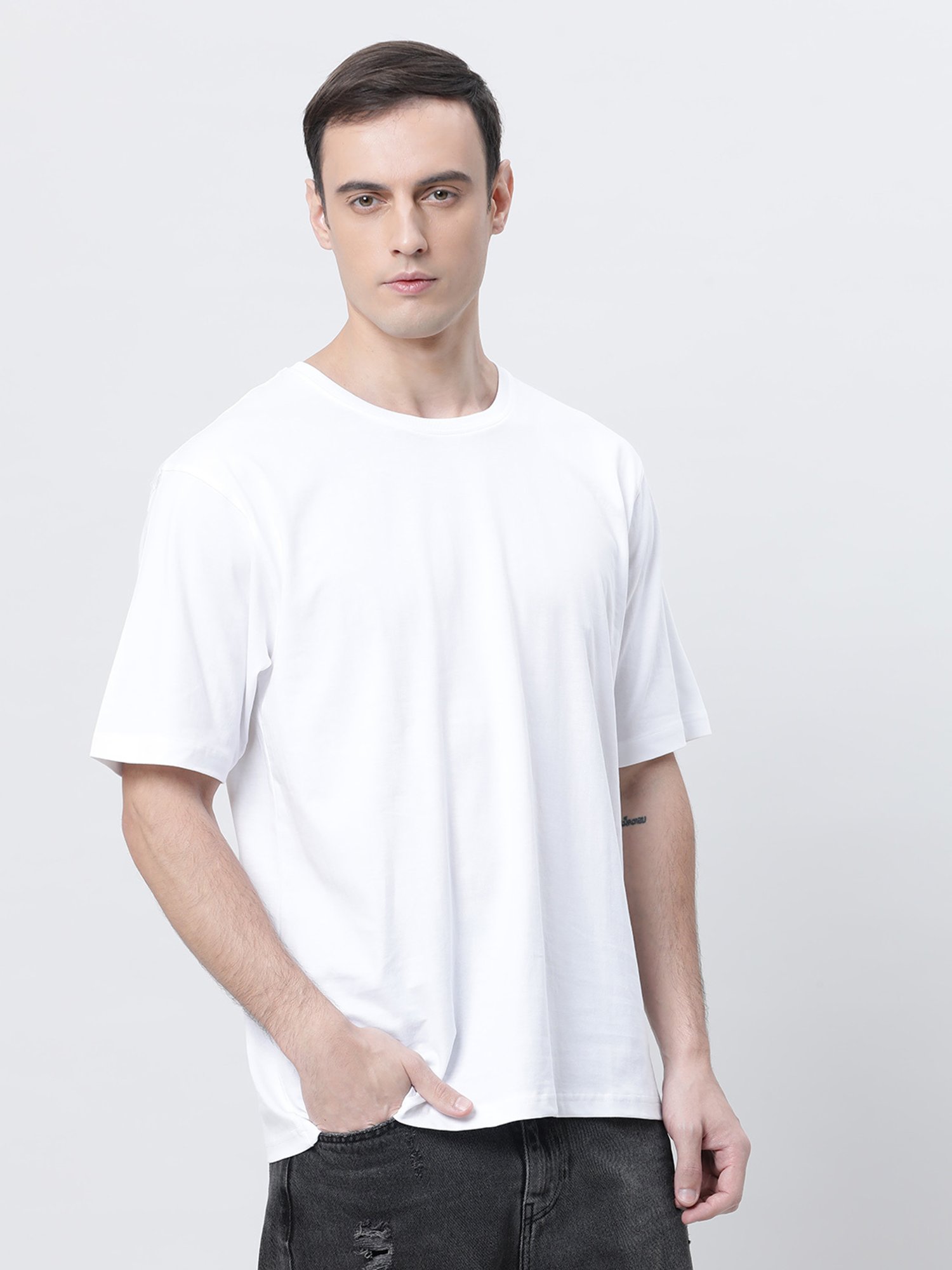 Kryptic White Relaxed Fit Printed Oversized Crew T-Shirt