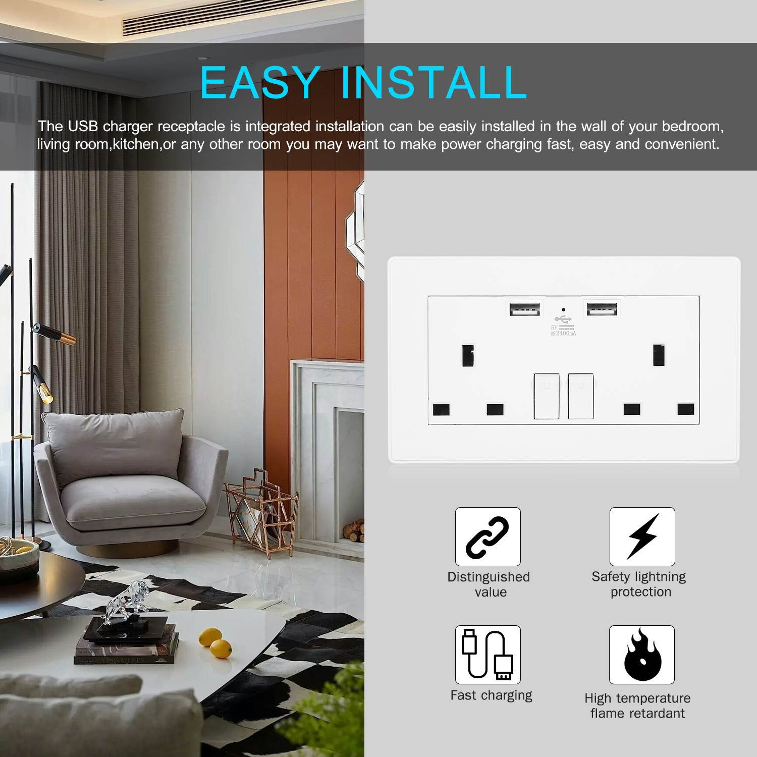 2 Gang 13A Outlet Individually Switched Dual Plug Socket with 2 USB Ports LED Indicator Light Wall Outlet UK Standard