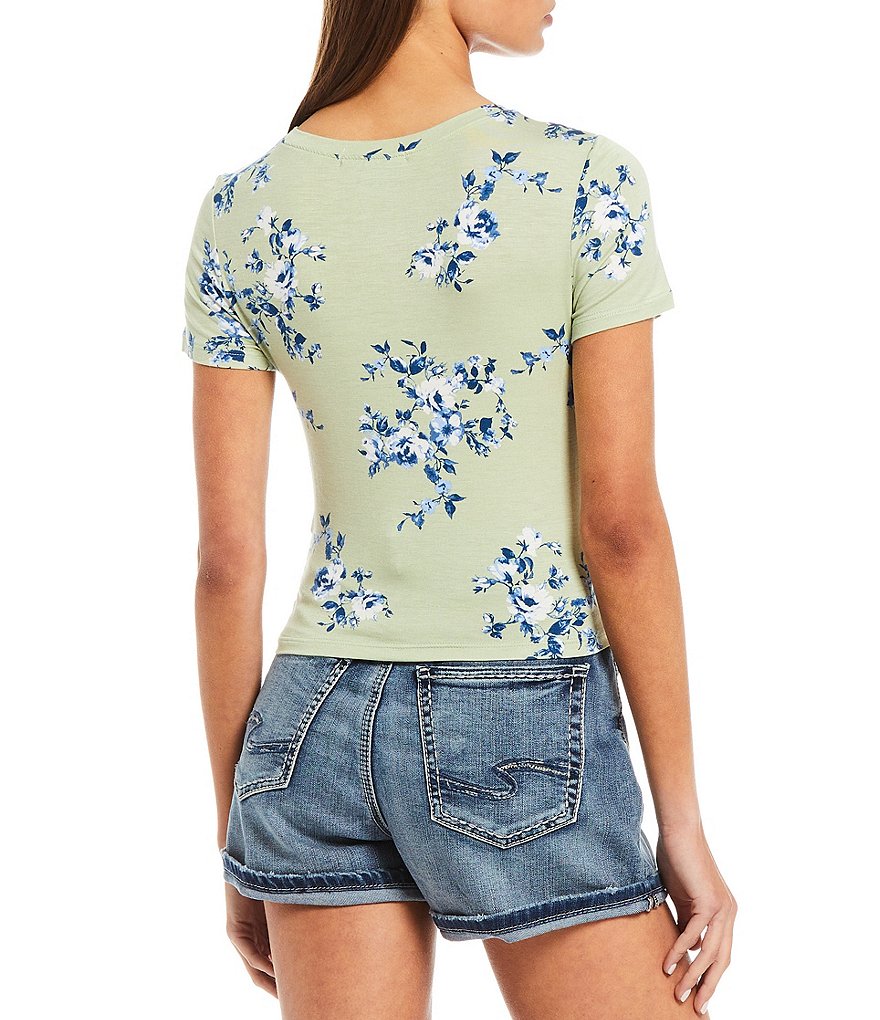 Good Luck Gem Floral Mesh Ruched Short Sleeve Top