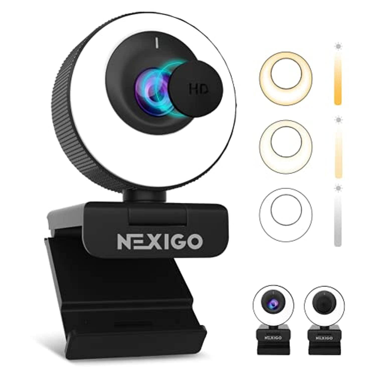 60fps autofocus eptz webcam, 2021 nexigo n620e with 2x digital zoom, ring light & privacy cover, [software included], 1080p fhd streaming web camera, dual stereo mics, for zoom sky