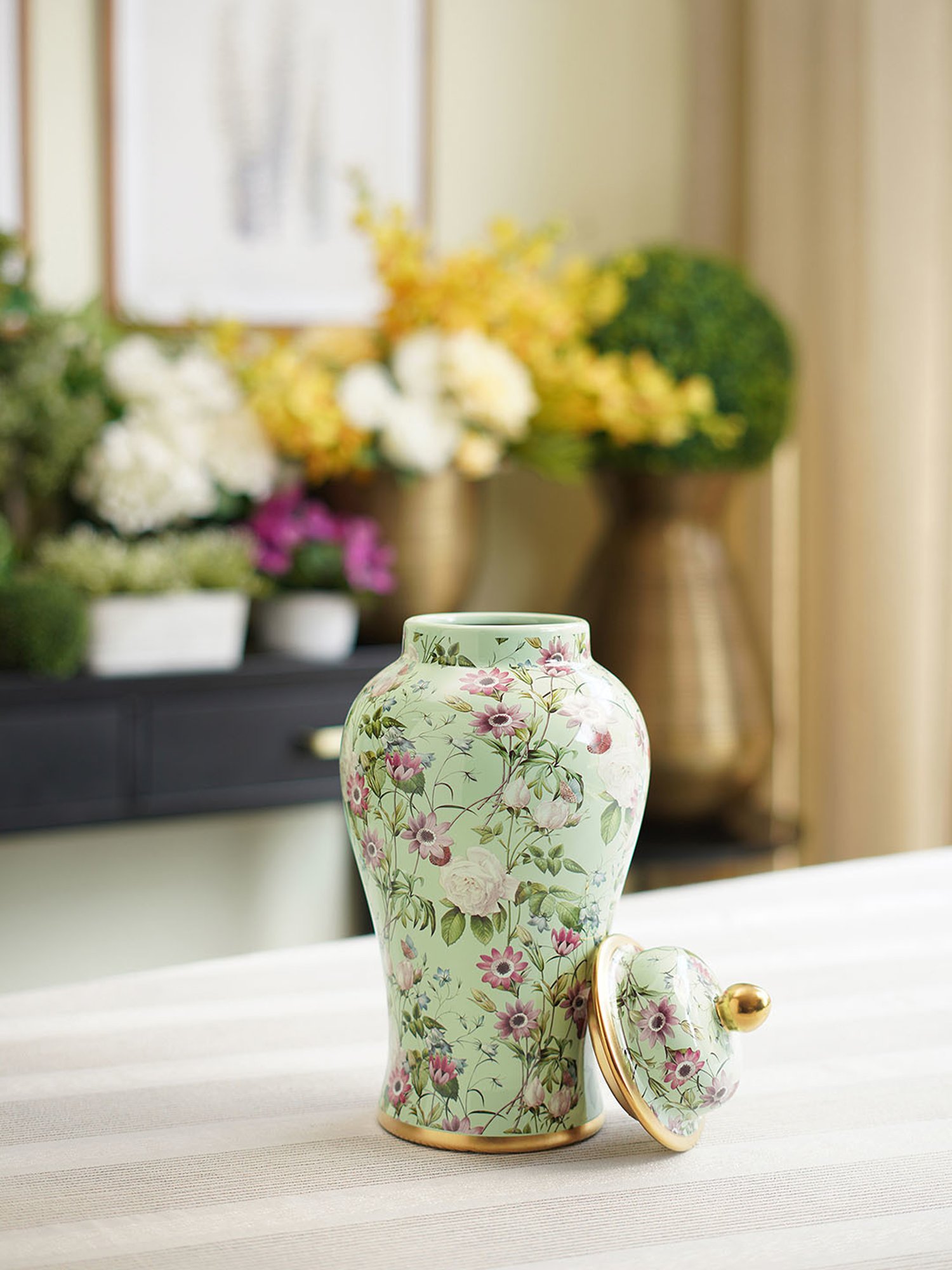 Pure Home and Living Green Ceramic Ribbed Urn With Lid