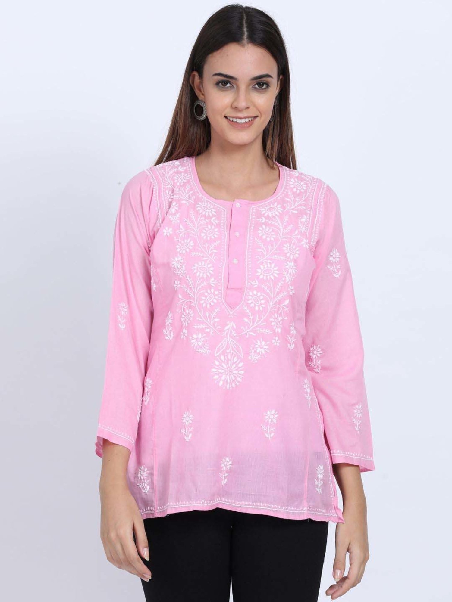 PARAMOUNT CHIKAN Pink Cotton Chikankari Straight Kurti