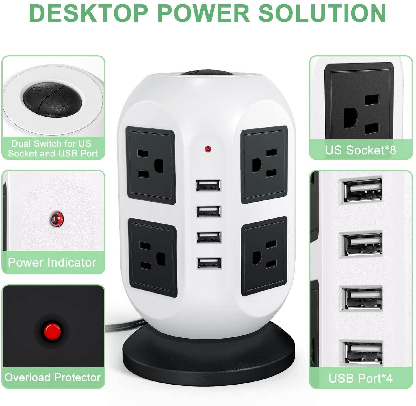 Power Strip Tower Surge Protector - 5M/16.4FT Surge Protector Power Strip with USB, Power Strip with Surge Protection with 8 AC Outlets & 4 USB Ports, Overload Protection, Short Circuit Protection.