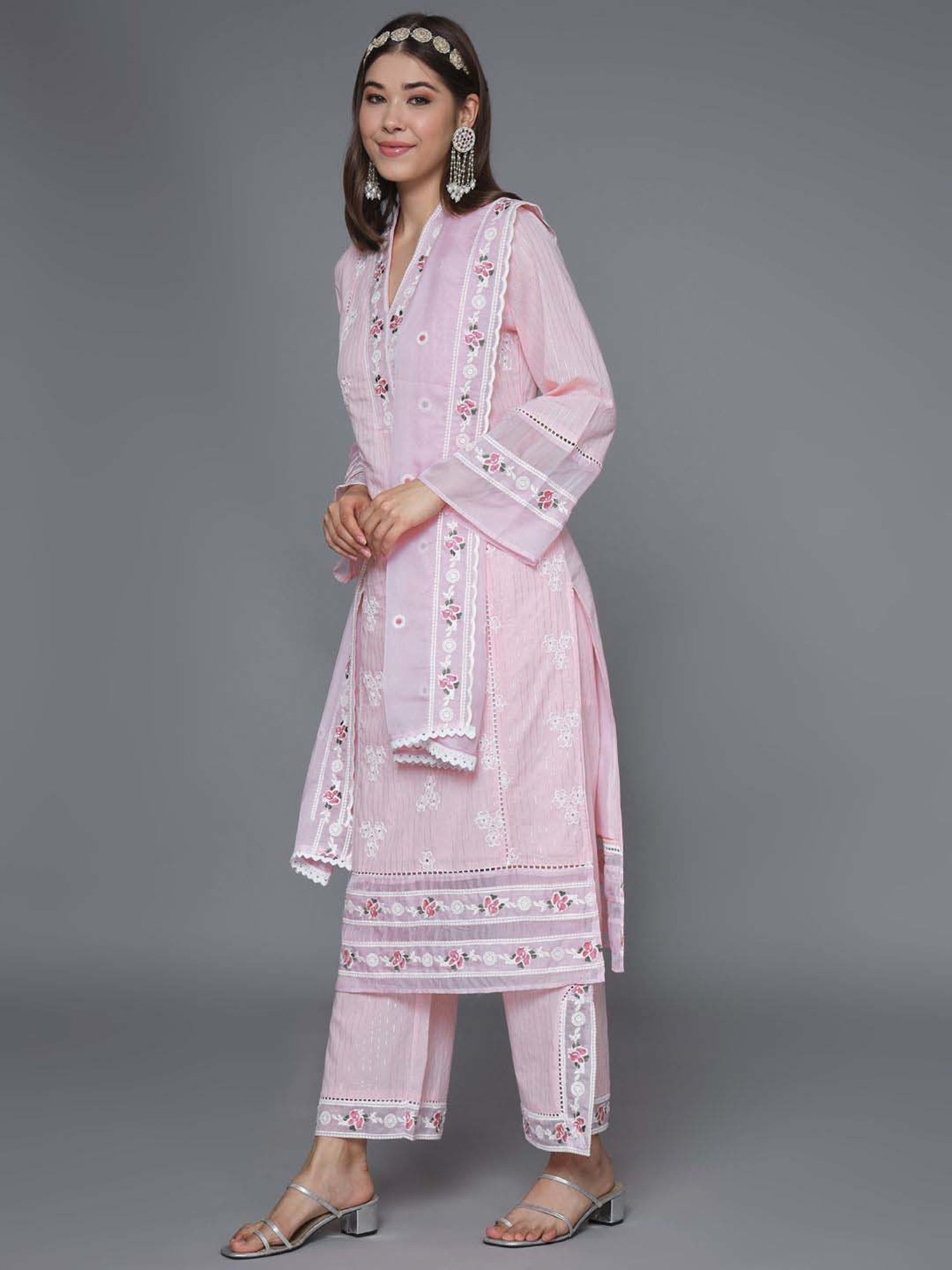 Heeposh Pink Cotton Embroidered Kurta Palazzo Set With Dupatta