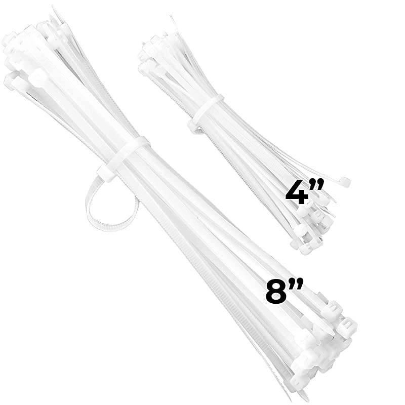 White Zip Ties Multisize Set of 100 HighStrength Cable Tie Pack Has 50x 4 and 8 UVResistant Nylon Fasteners Durable Wraps For Storage Organization and Wire Management