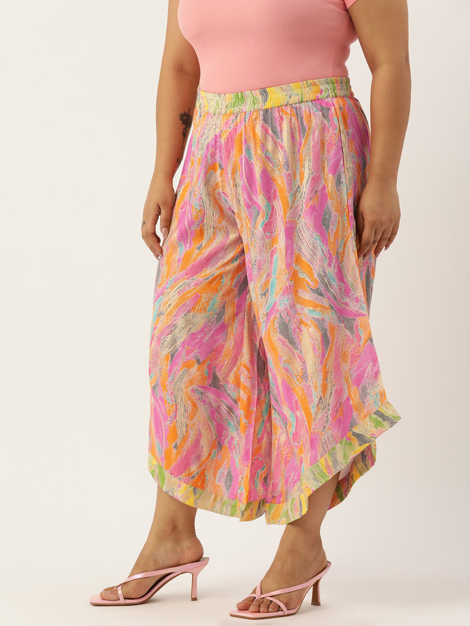 theRebelinme Pink Printed Relaxed Fit High Rise Plus Size Culottes