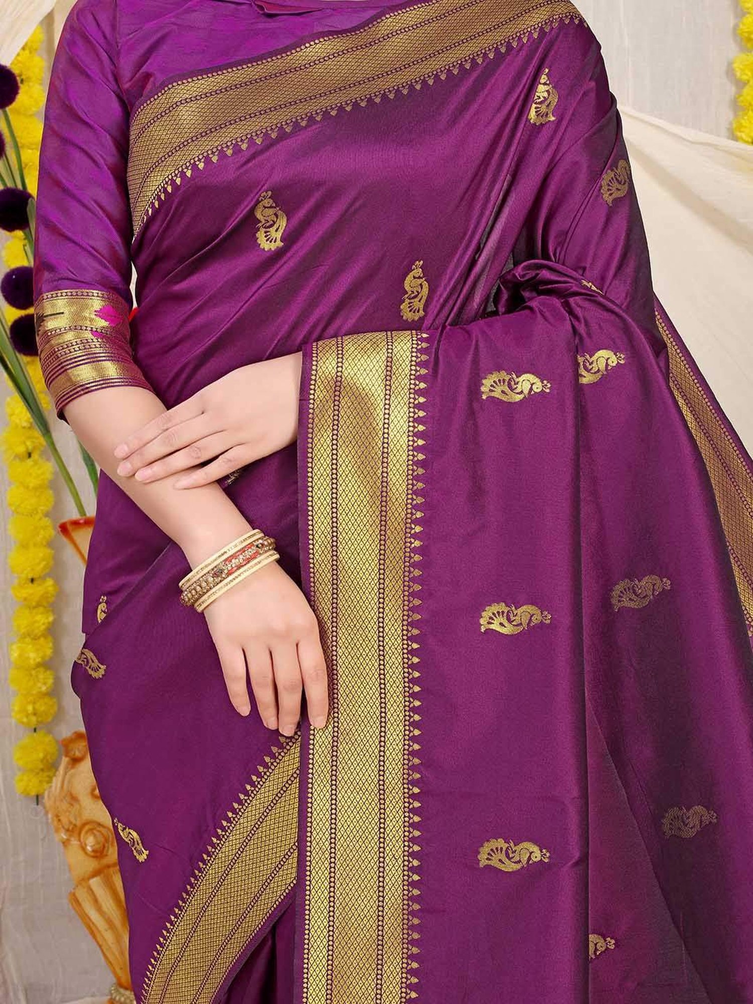 SHUBHKALA Purple Silk Woven Saree With Unstitched Blouse