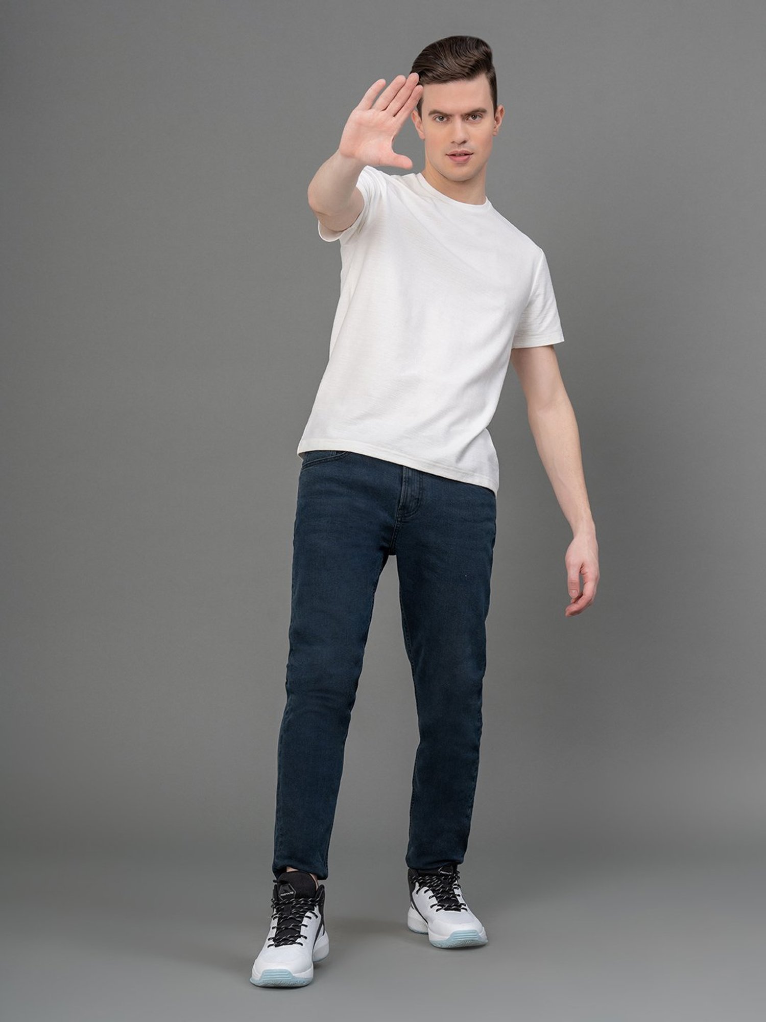 Red Tape White Regular Fit Self Design Crew T-Shirt