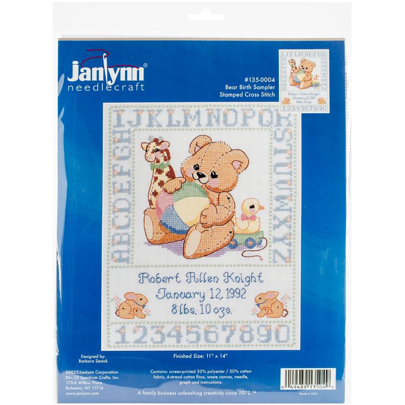 Janlynn Stamped Birth Sampler Cross Stitch Kit 11"X14"-Bear