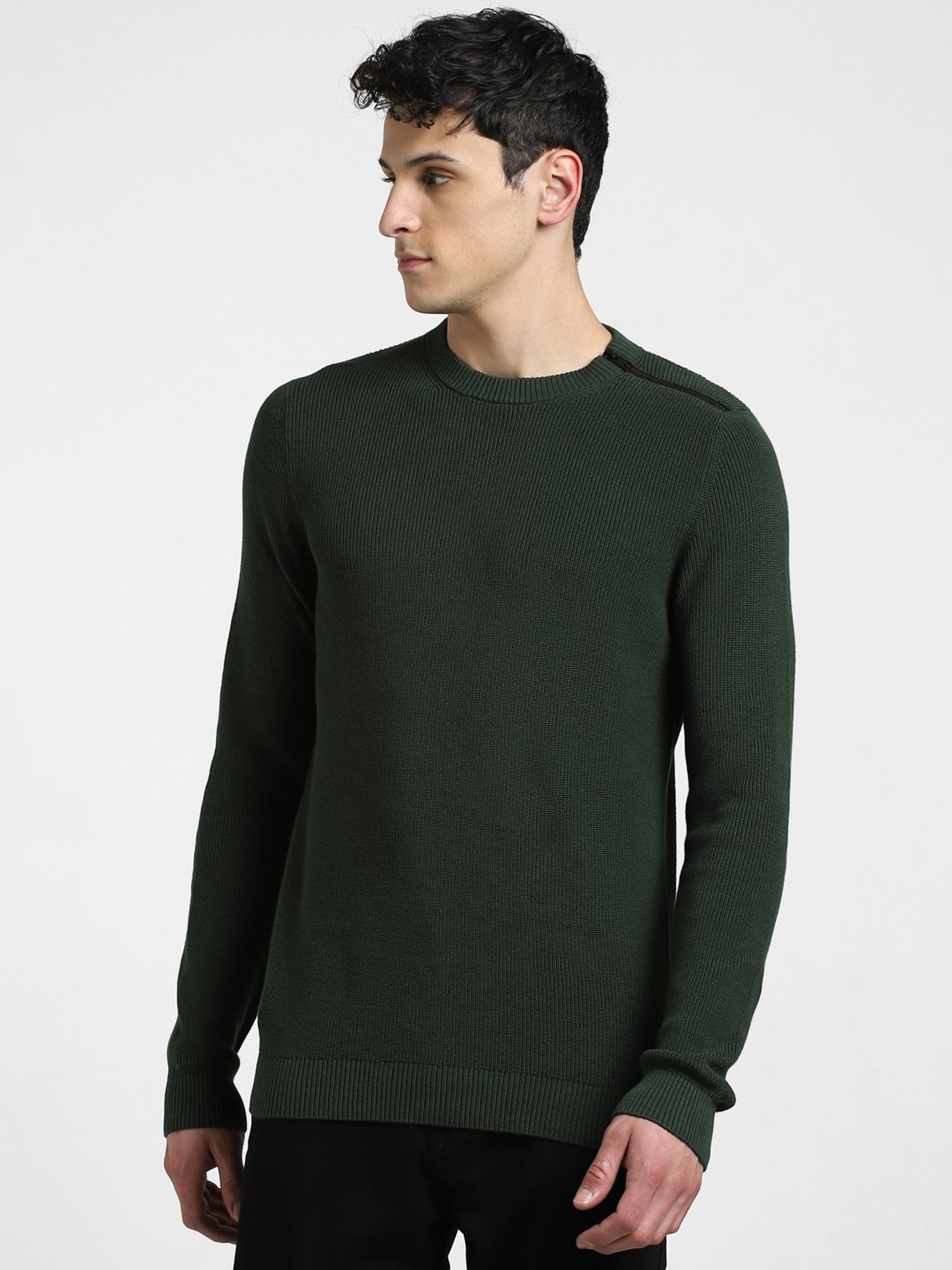 Jack & Jones Dark Green Slim Fit Textured Cotton Sweater