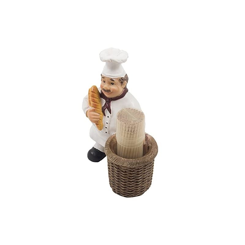 Chef Pierre Decorative Toothpick Holder Figurine with Faux Wicker Basket Display Stand and Gourmet Bread Accents for Country Cottage Kitchen Decor As Collectible Housewarming Gifts by Home-n-Gifts