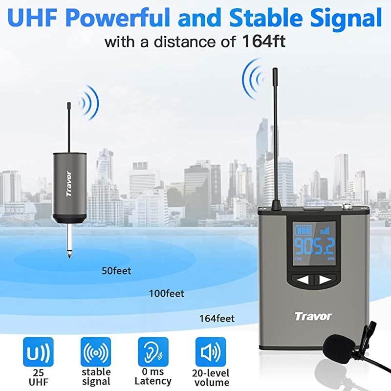 Wireless Microphone System Headset/Lavalier Lapel Mic 164ft Range with Rechargeable Bodypack Transmitter & Receiver 1/4" Output for Live Performances, Support Phone
