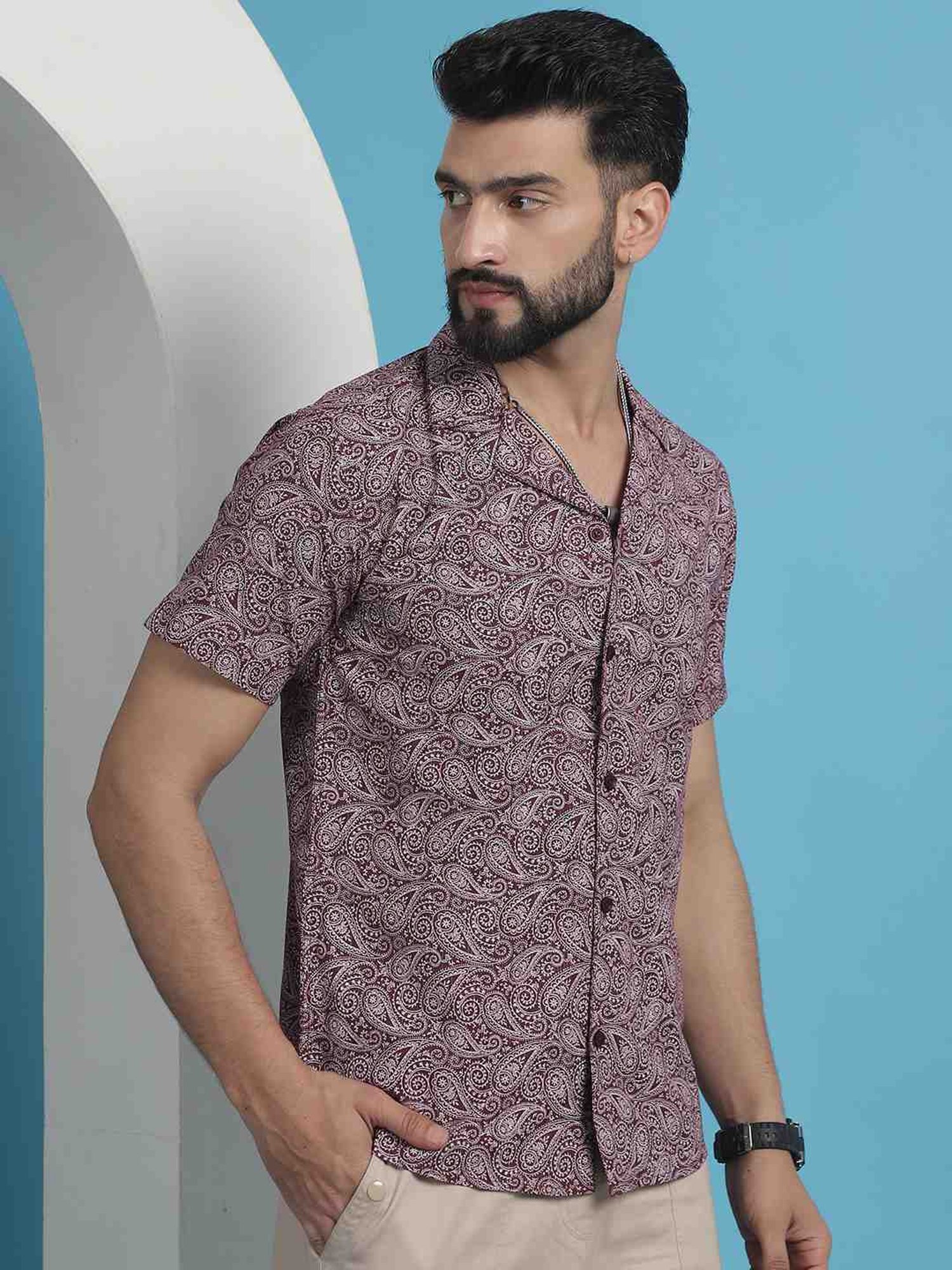 Indian Needle Maroon Cotton Regular Fit Printed Shirt