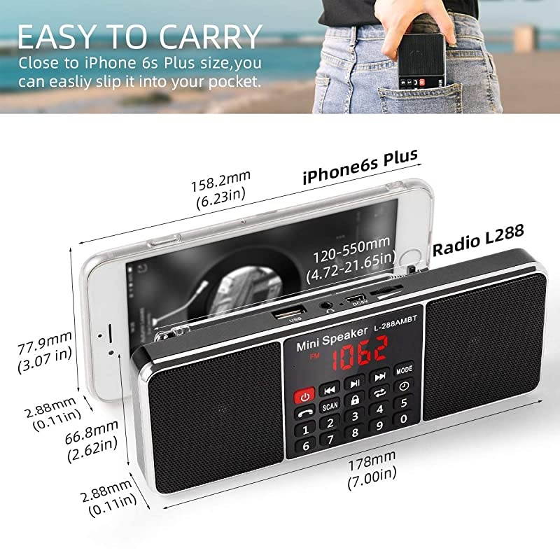 J288 AMFM Radio Portable HandsFree Bluetooth Radio Stereo Speaker with Sleep Timer PowerSaving Display UltraLong Antenna AUX Input amp USB Disk amp TF Card MP3 PlayerBlack