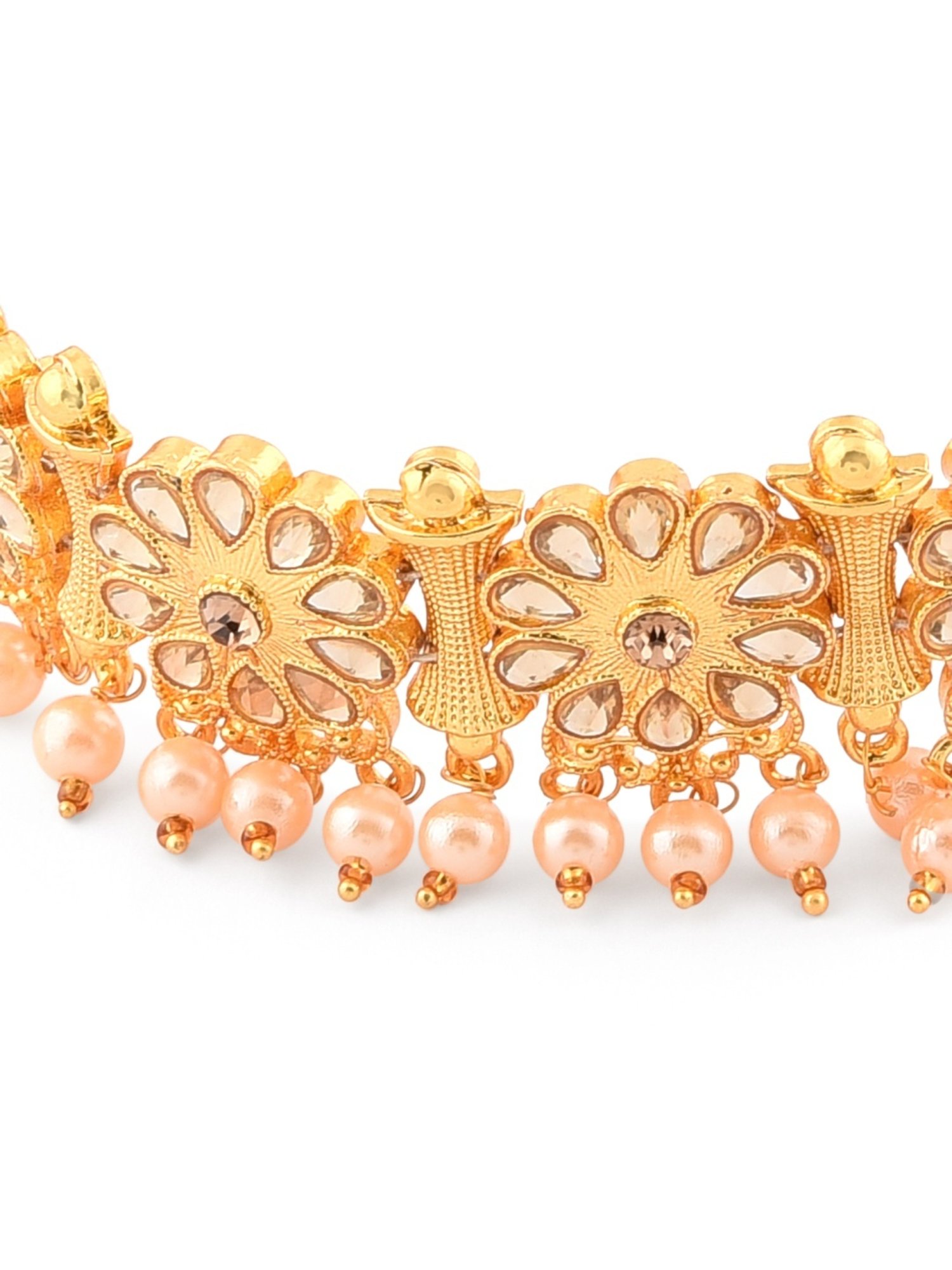 Zaveri Pearls Gold Tone Flowers & Pearls Choker Necklace, Earring & Maangtikka Set-ZPFK9845